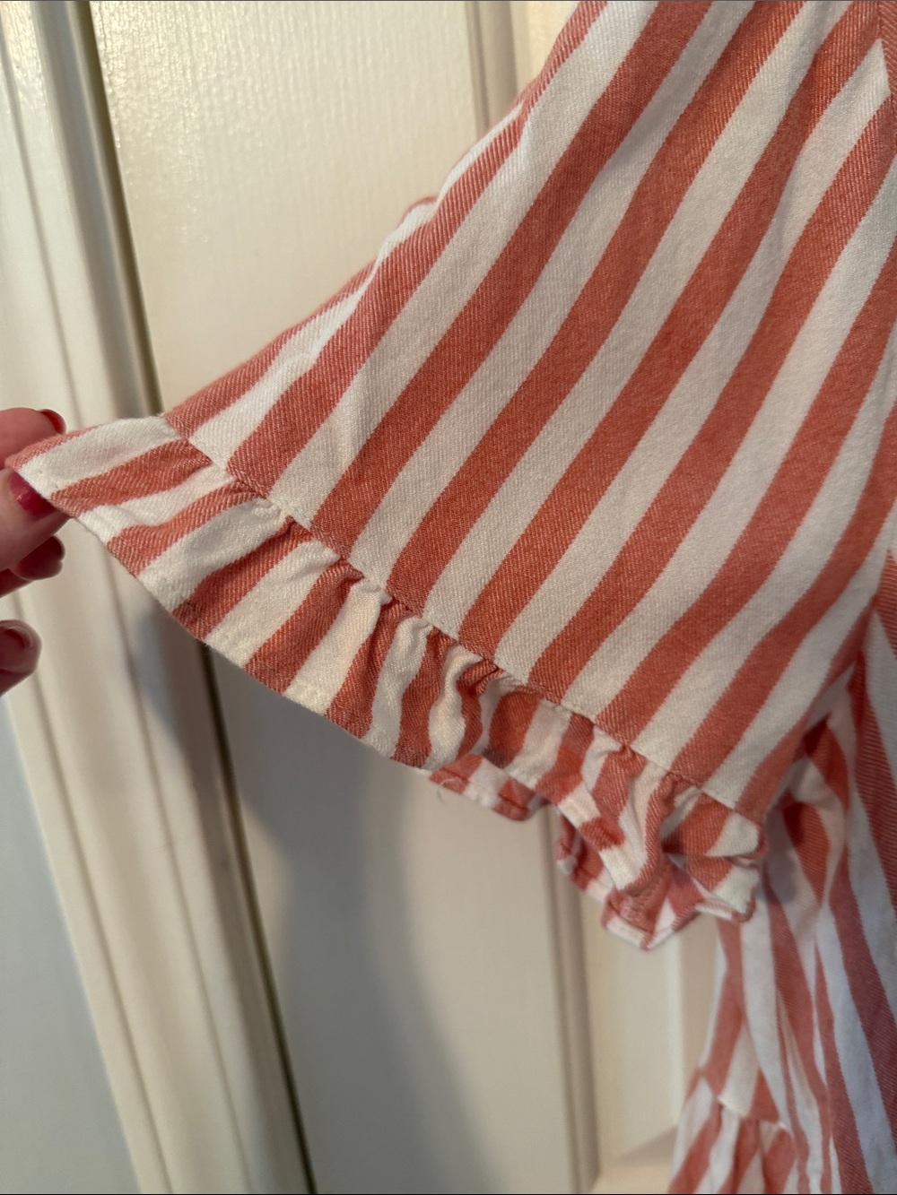 Madewell White and Coral Stripe Ruffle Sleeve Button Front Blouse - Picture 3 of 9